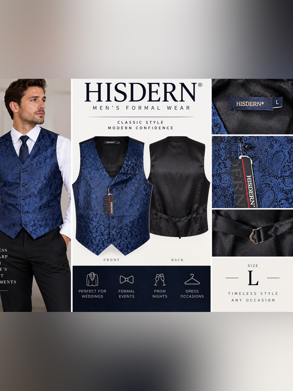 HISDERN Men's Blue Paisley Formal Vest